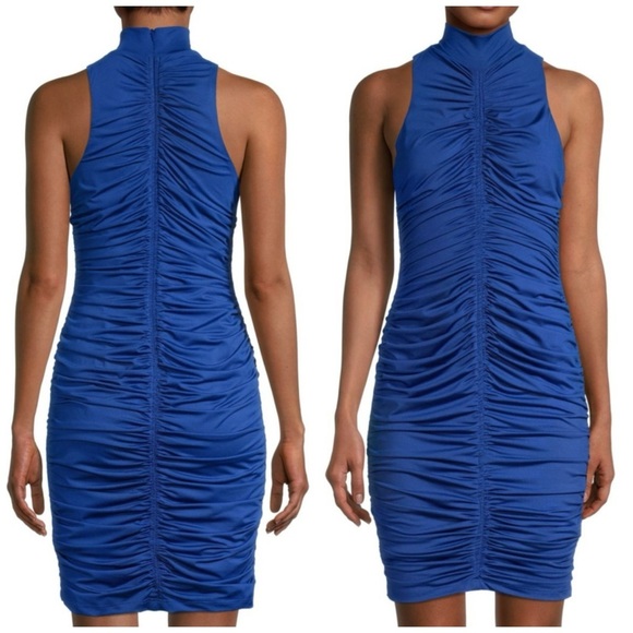 Black Halo Kobe Ruched Sheath Dress Size 10 Mock Neck Vivid Blue - Picture 1 of 10